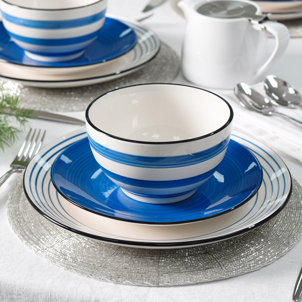 Coastal Stoneware Blue Dinner Set with Cereal Bowls 12 Piece - 4 Settings