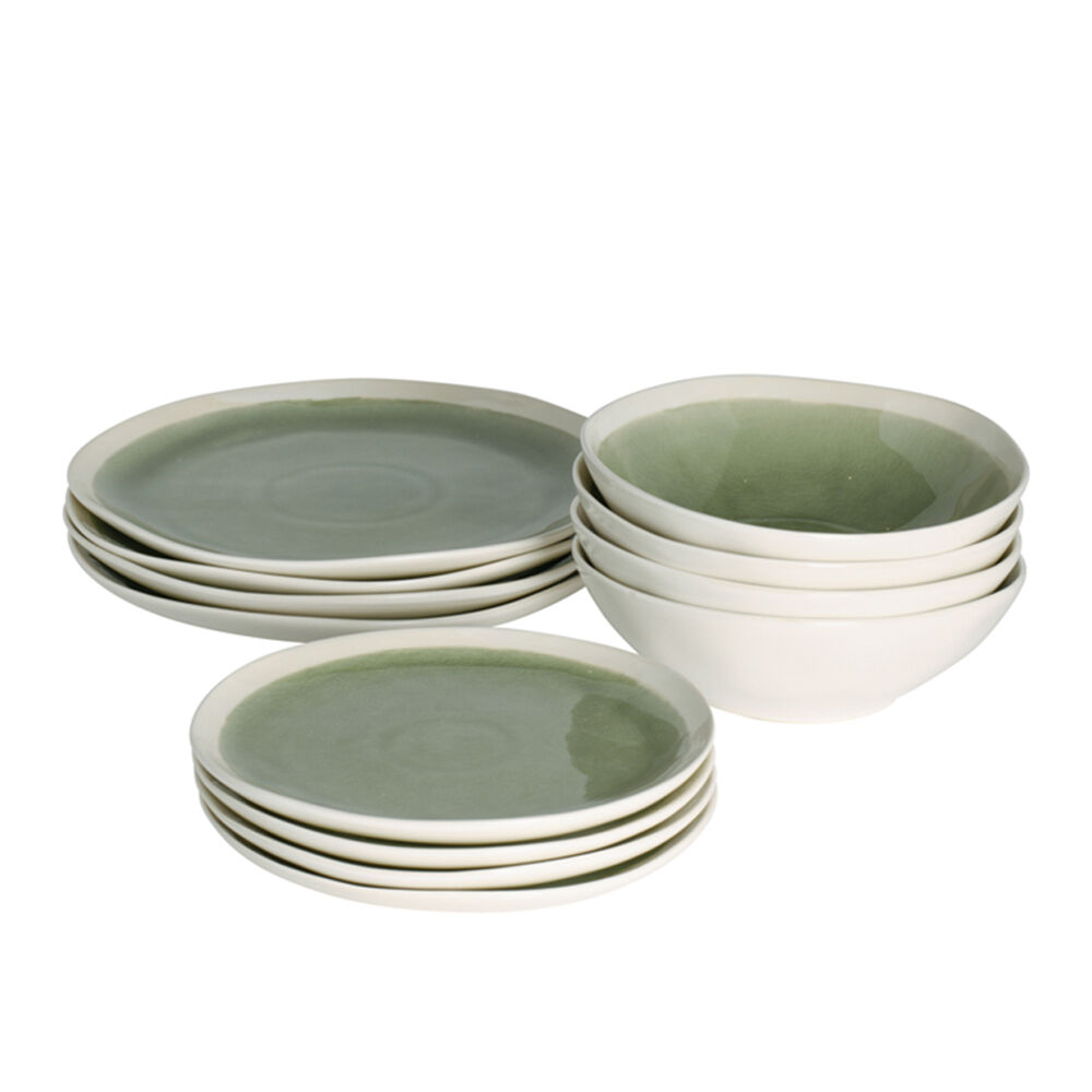Sonoma Green Stoneware Dinner Set 12 Piece 4 Settings with Cereal