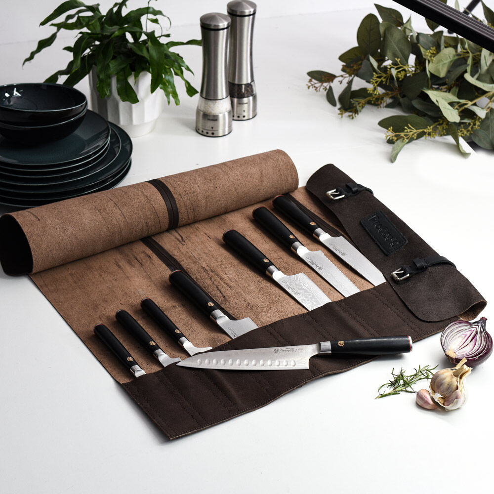Damascus 67 Knife Set 8 Piece and Leather Knife Case