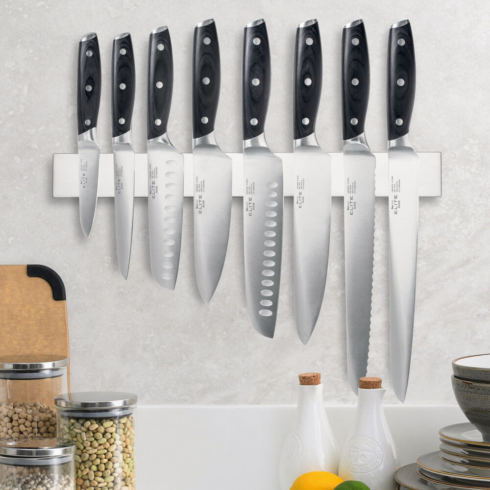 Elite AUS8 Knife Set 8 Piece and Magnetic Stainless Steel Knife Rack