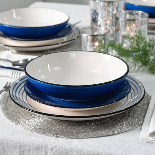Coastal Blue Stoneware Dinner Set with Pasta Bowls