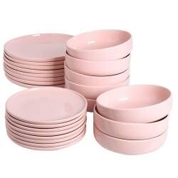 Stockholm Pink Stoneware Dinner Set With Pasta Bowls - Two x 12 Piece - 8 Settings