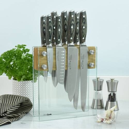 Elite Ice X50 Knife Set 8 Piece and Magnetic Oak and Glass Block
