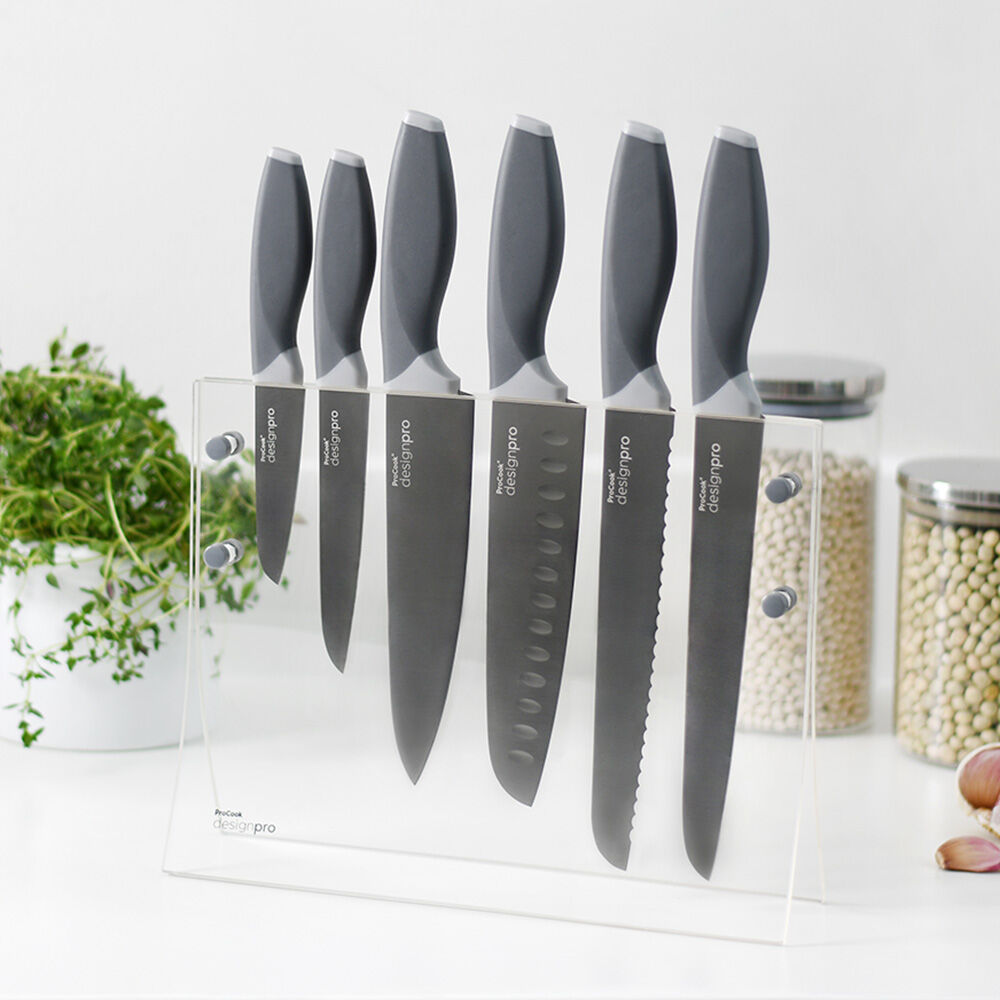 Designpro Titanium Knife Set with Clear Flared Acrylic Block 6 Piece