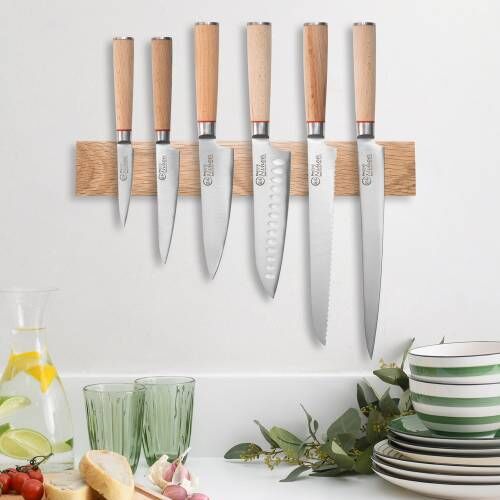 Image of ProCook Nihon X50 Knife Set placed against a stainless steel magentic knife rack
