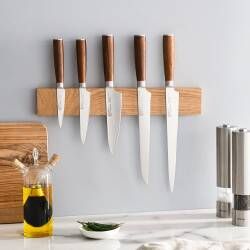 Secondary image for image of Nihon X50 Knife Set 5 Piece and Magnetic Oak Knife Rack