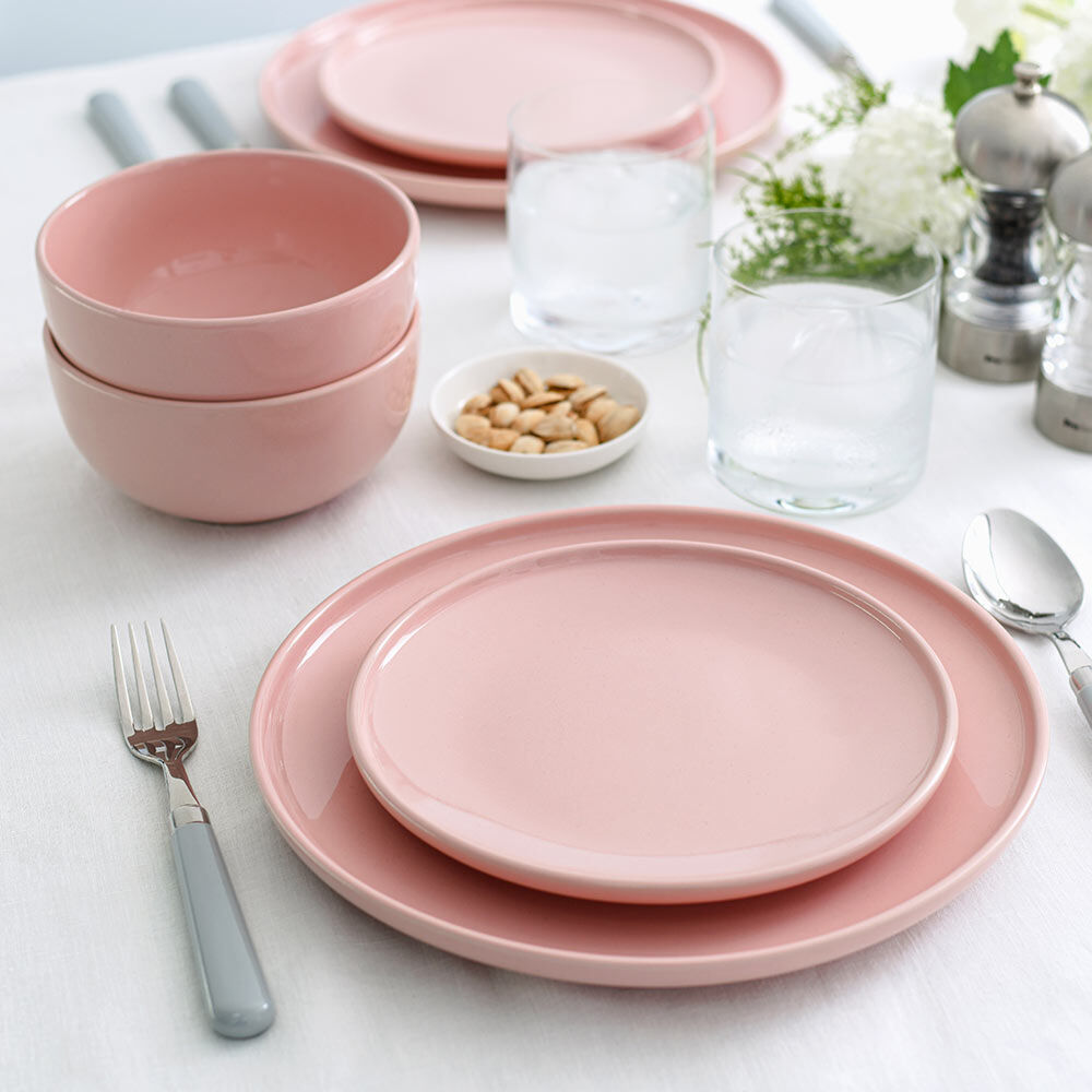 Stockholm Pink Stoneware Dinner Set With Cereal Bowls 12 Piece - 4 Settings