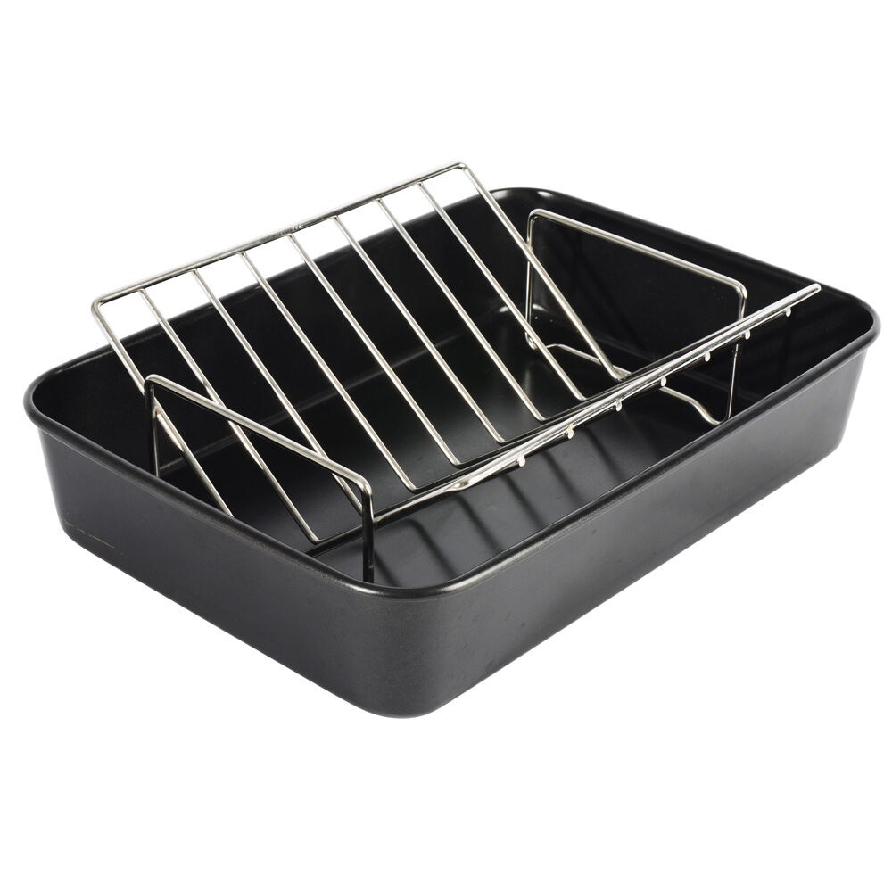 Set Of 3 Large Non Stick Black Oven Baking & Roasting Tray Pan Dish Tin & Racks 
