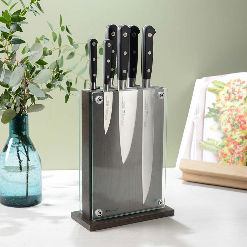 Professional X50 Chef Knife Set 6 Piece and Magnetic Glass Block