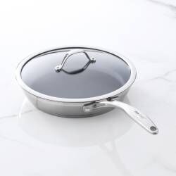 28cm Induction Pan with Toughened Glass Lid and Heat-Resistant Handles ProCook Professional Stainless Steel Non-Stick Sauteuse Pan with Lid 